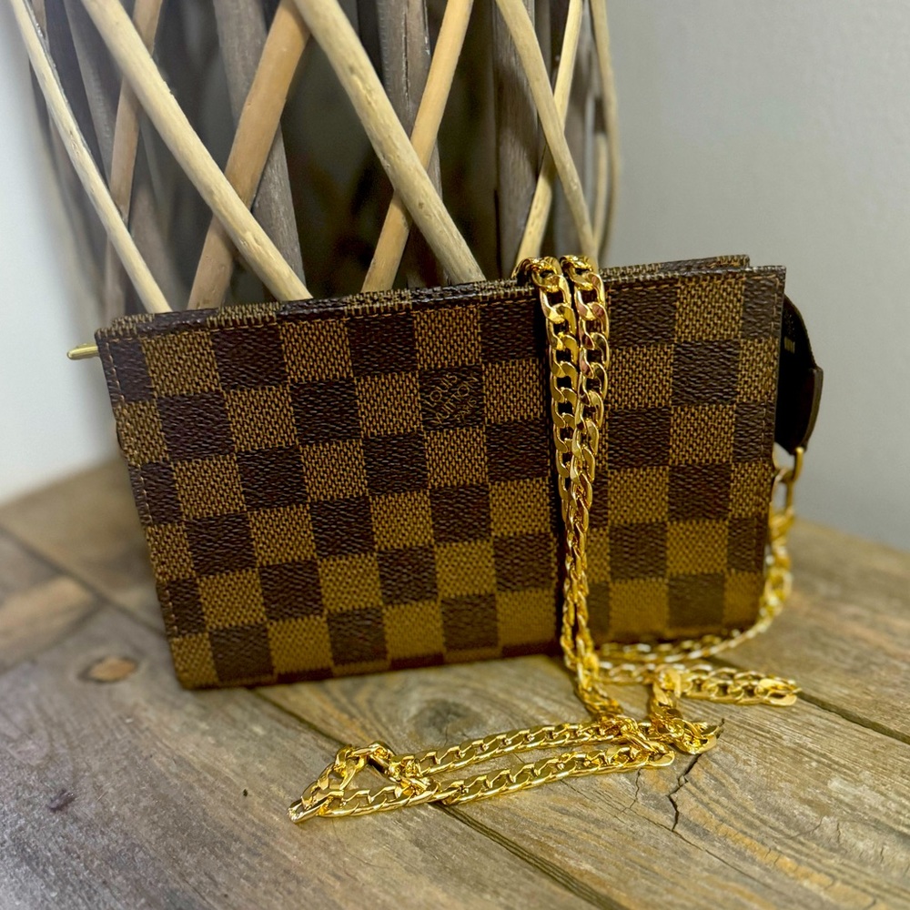 Louis Vuitton Brown Checkered Mini Bag with Gold Chain